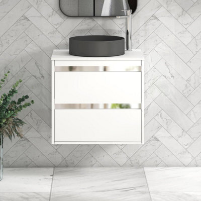 Royal Bathrooms Orion 600mm Matt White Wall Hung Plain White Countertop Vanity Unit 2 Drawer With Art Round Basin & Chrome Accent Trim - image 1