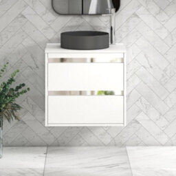 Royal Bathrooms Orion 600mm Matt White Wall Hung Plain White Countertop Vanity Unit 2 Drawer With Art Round Basin & Chrome Accent Trim - thumbnail 1