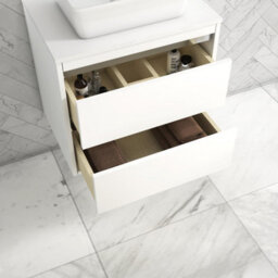 Royal Bathrooms Orion 600mm Matt White Wall Hung Plain White Countertop Vanity Unit 2 Drawer With Art Round Basin & Chrome Accent Trim - thumbnail 4