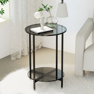 Artloge 40X57.5Cm Round End Table Tempered Glass Round Side Table With Black Metal Frame Balcony - image 1