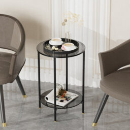 Artloge 40X57.5Cm Round End Table Tempered Glass Round Side Table With Black Metal Frame Balcony - thumbnail 9