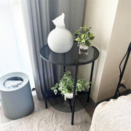 Artloge 40X57.5Cm Round End Table Tempered Glass Round Side Table With Black Metal Frame Balcony - thumbnail 5