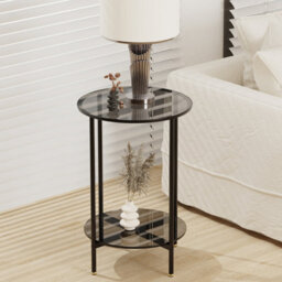 Artloge 40X57.5Cm Round End Table Tempered Glass Round Side Table With Black Metal Frame Balcony - thumbnail 6