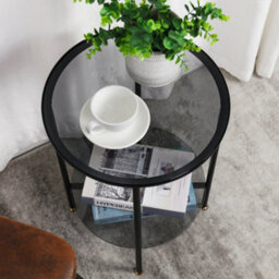 Artloge 40X57.5Cm Round End Table Tempered Glass Round Side Table With Black Metal Frame Balcony - thumbnail 4