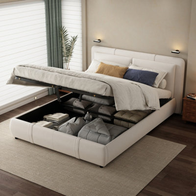 Matteo Beige Velvet 4Ft6 Double Ottoman Bed Frame With Hydraulic Lift Storage & Removable Headboard - image 1