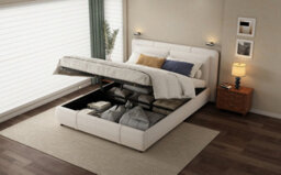 Matteo Beige Velvet 4Ft6 Double Ottoman Bed Frame With Hydraulic Lift Storage & Removable Headboard - thumbnail 7