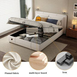 Matteo Beige Velvet 4Ft6 Double Ottoman Bed Frame With Hydraulic Lift Storage & Removable Headboard - thumbnail 5