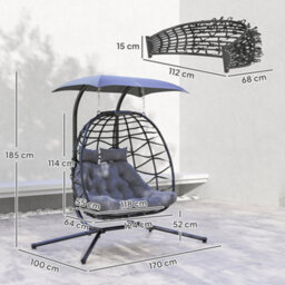 Outsunny Rattan Double Hanging Egg Chair With Canopy, Cushion, Black - thumbnail 3