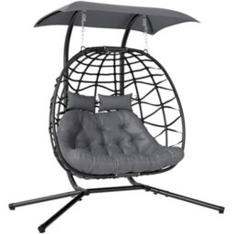 Outsunny Rattan Double Hanging Egg Chair With Canopy, Cushion, Black - thumbnail 2