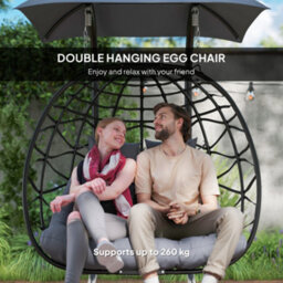 Outsunny Rattan Double Hanging Egg Chair With Canopy, Cushion, Black - thumbnail 4