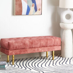 Wyld And Coco Pink Velvet Tufted Bed Bench With Gold Metal Legs, Compact Rectangular Seat W117 X D40 X H44Cm - thumbnail 2
