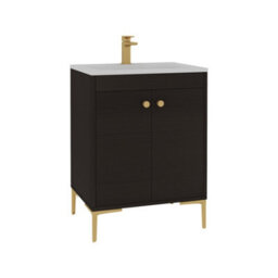 Royal Bathrooms Verona 600mm Walnut Woodgrain Floor Standing Vanity Unit 2 Door With Stone Basin & Brushed Brass Knob - thumbnail 6