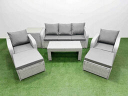Fimous Pe Rattan Garden Furniture Set Reclining Chair Sofa Lounge Sofa Set Rectangular Coffee Table Side Table 2 Big Footstool - thumbnail 1
