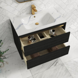 Royal Bathrooms Orion 800mm Wall Hung Vanity Unit 2 Drawer Hale Black With Carrara White Basin & Brushed Brass Accent Trim - thumbnail 5