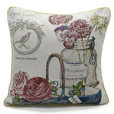 Velosso Artistic Tapestry Design Cushion, Motif, Zip Closure, Machine Washable - Cream
