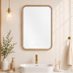 Living And Home Natural Wood Wall-Mounted Bathroom Adjustable Led Vanity Mirror With Demister