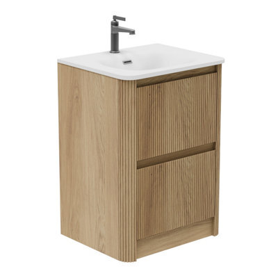 Plum&clay Isla Ribbed Fluted Oak 2 Drawer Freestanding Bathroom Vanity Unit & White Basin Set (W)600mm - image 1