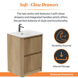Plum&clay Isla Ribbed Fluted Oak 2 Drawer Freestanding Bathroom Vanity Unit & White Basin Set (W)600mm - thumbnail 4