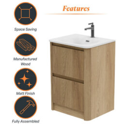 Plum&clay Isla Ribbed Fluted Oak 2 Drawer Freestanding Bathroom Vanity Unit & White Basin Set (W)600mm - thumbnail 6