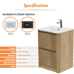 Plum&clay Isla Ribbed Fluted Oak 2 Drawer Freestanding Bathroom Vanity Unit & White Basin Set (W)600mm - thumbnail 5