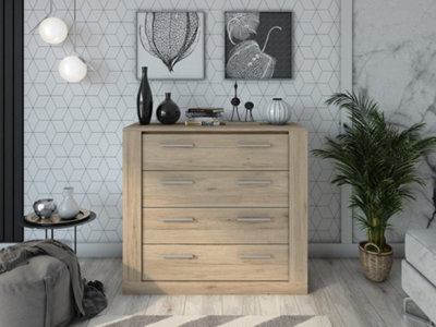 Arte Idea Contemporary Chest Of Drawers Silver Handles 4 Drawers Oak San Remo Effect H910mm W1000mm D420mm - image 1