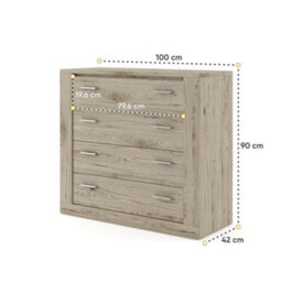 Arte Idea Contemporary Chest Of Drawers Silver Handles 4 Drawers Oak San Remo Effect H910mm W1000mm D420mm - thumbnail 3