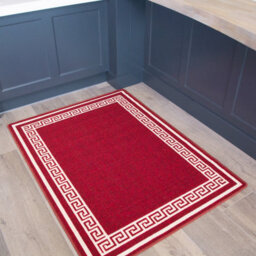 Loomed Red White Geometric Bordered Non Slip Washable Kitchen Utility Mat 120X160Cm
