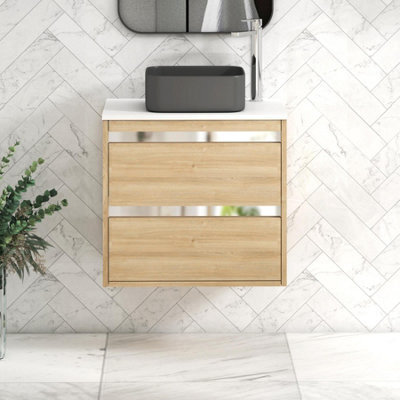 Royal Bathrooms Orion 600mm Natural Oak Wall Hung Plain White Countertop Vanity Unit 2 Drawer With Art Square Basin & Chrome Accent Trim - image 1