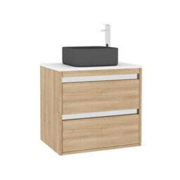 Royal Bathrooms Orion 600mm Natural Oak Wall Hung Plain White Countertop Vanity Unit 2 Drawer With Art Square Basin & Chrome Accent Trim - thumbnail 6