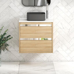 Royal Bathrooms Orion 600mm Natural Oak Wall Hung Plain White Countertop Vanity Unit 2 Drawer With Art Square Basin & Chrome Accent Trim - thumbnail 2