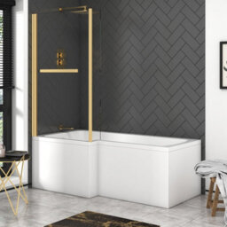 Royal Bathrooms Qubix 1600 X 850mm Acrylic Left Hand L-Shaped Shower Bathtub With Front Panel & Brushed Brass Towel Rail Fixed Screen - thumbnail 4