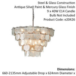 Antique Silver Tiered Mercury Glass Ceiling Pendant - 9 Bulb Light Fitting - thumbnail 2