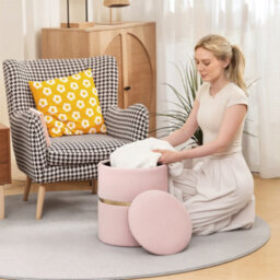 Homcom Round Pouffe Storage Footstool With Hidden Space, Pink - thumbnail 7