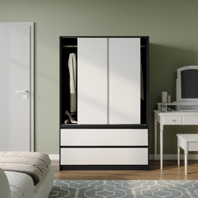 Urbn-Living Urbnliving 180Cm Height Black Carcass 3 Sliding White Door With 4 White Drawer Wardrobe Clothes Storage Hanging Rail Bedroom - image 1