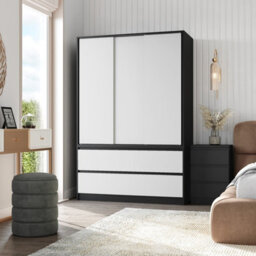 Urbn-Living Urbnliving 180Cm Height Black Carcass 3 Sliding White Door With 4 White Drawer Wardrobe Clothes Storage Hanging Rail Bedroom - thumbnail 2