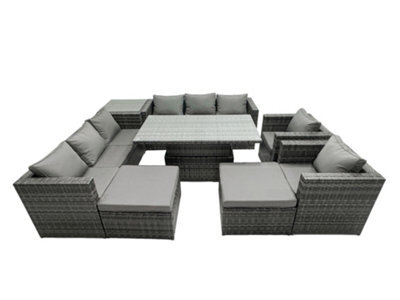 Fimous Rattan Dining Table Sofa Set With Side Table 2 Armchair 2 Stools Outdoor 10 Seat Garden Furniture Set Dark Grey Mixed - image 1