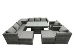 Fimous Rattan Dining Table Sofa Set With Side Table 2 Armchair 2 Stools Outdoor 10 Seat Garden Furniture Set Dark Grey Mixed - thumbnail 1