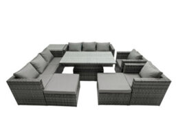 Fimous Rattan Dining Table Sofa Set With Side Table 2 Armchair 2 Stools Outdoor 10 Seat Garden Furniture Set Dark Grey Mixed - thumbnail 2
