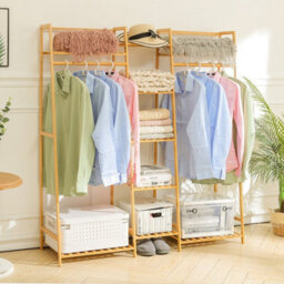 Heavy Duty Wooden Clothes Rail Rack Garment Hanging Stand Corner Open Wardrobe - thumbnail 4