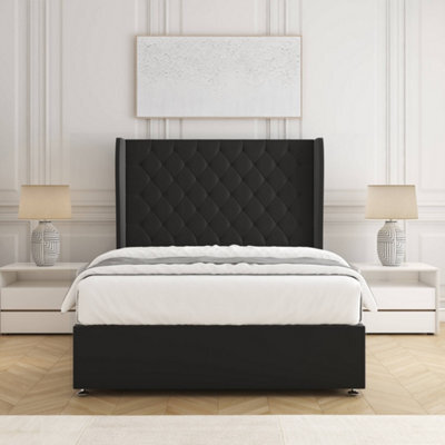 Bsspoke Amelia Divan Bed Set Black Plush Velvet 54Inch Panel Headboard & Mattress No Drawers In 3Ft 4Ft 4Ft6 5Ft 6Ft - image 1