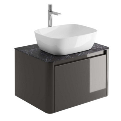 Plum&clay Mayfair Gloss Dark Grey Wall Hung Bathroom Vanity Unit With Black Slate Countertop (W)650mm (H)406mm - image 1