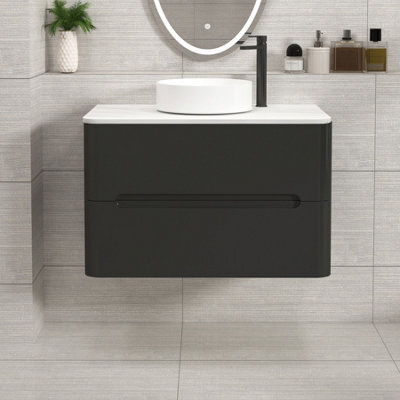 Royal Bathrooms Venice 800mm Matt Nocturne Black Wall Mounted Vanity Unit 2 Drawer Carrara White Undrilled Worktop & Without Basin - image 1