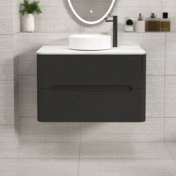Royal Bathrooms Venice 800mm Matt Nocturne Black Wall Mounted Vanity Unit 2 Drawer Carrara White Undrilled Worktop & Without Basin - thumbnail 1