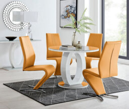 Furniturebox Giovani Round 4 Seat 100Cm White High Gloss Unique Halo Base Grey Glass Top Dining Table 4 Mustard Faux Leather Willow Chairs - thumbnail 1