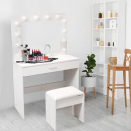 Alivio Dressing Table With Hollywood Led Lights Mirror, Vanity Makeup Table Set With Drawer & Stool, Bedroom Makeup Table (White)