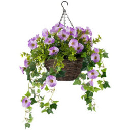 Christow Artificial Petunia Wicker Hanging Basket Uv Resistant Foliage Purple 25Cm