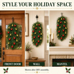 CLEFFNS 2Pcs Christmas Teardrop Swag, Christmas Pine Needles Front Door Wreath,bow Bells Christmas Pine Needles Front Door Wreath - thumbnail 6