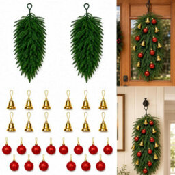 CLEFFNS 2Pcs Christmas Teardrop Swag, Christmas Pine Needles Front Door Wreath,bow Bells Christmas Pine Needles Front Door Wreath - thumbnail 1