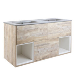 Homestylestore Light Oak 1212mm Wall Hung Bathroom Vanity Unit Open Shelf And Pebble Basin - thumbnail 1