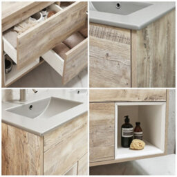 Homestylestore Light Oak 1212mm Wall Hung Bathroom Vanity Unit Open Shelf And Pebble Basin - thumbnail 2